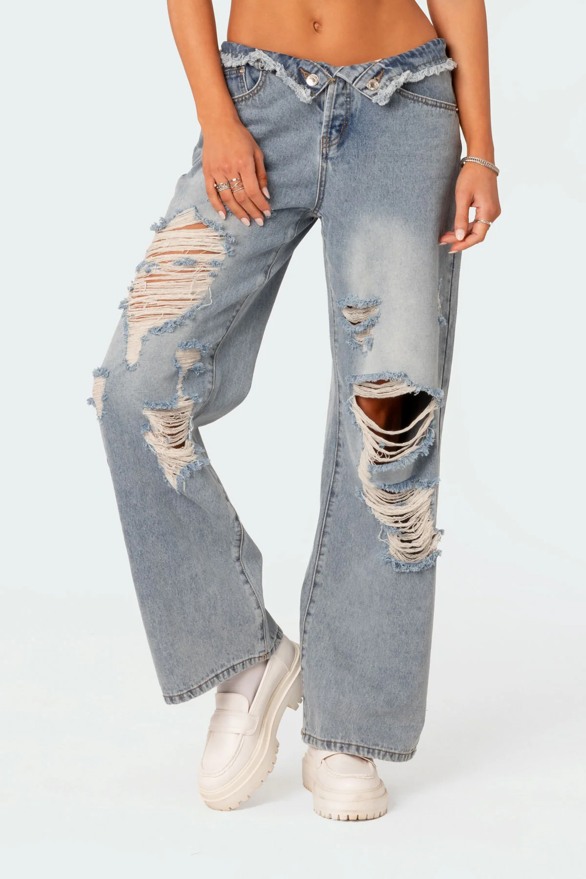 Distressed Fold Over Low Rise Wide Leg Jeans - Image 3