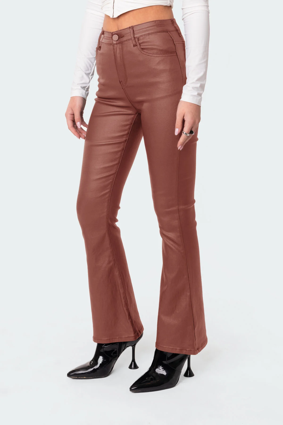 Petite Luna Faux Leather Mid Rise Flared Jeans - Image 3