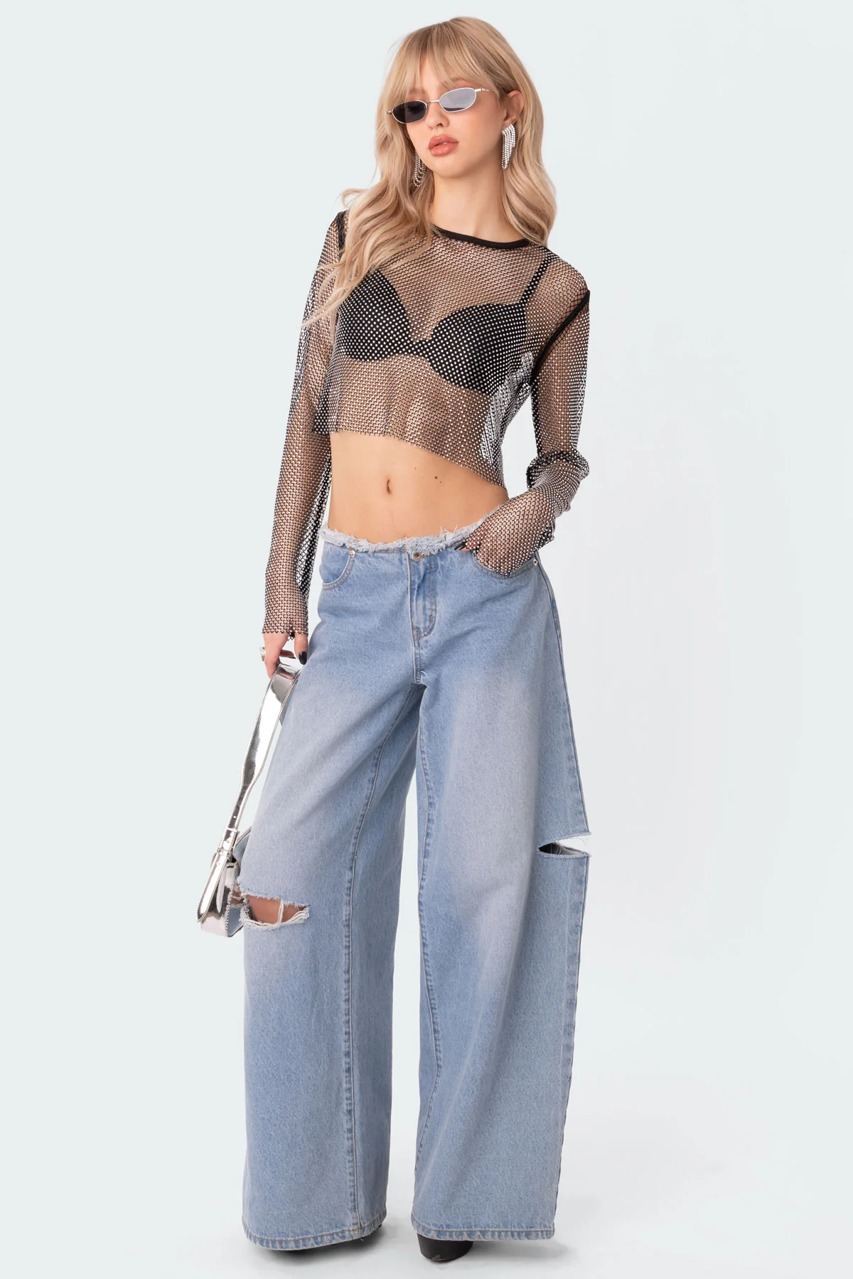 Rhinestone Fishnet Crop Top - Image 2