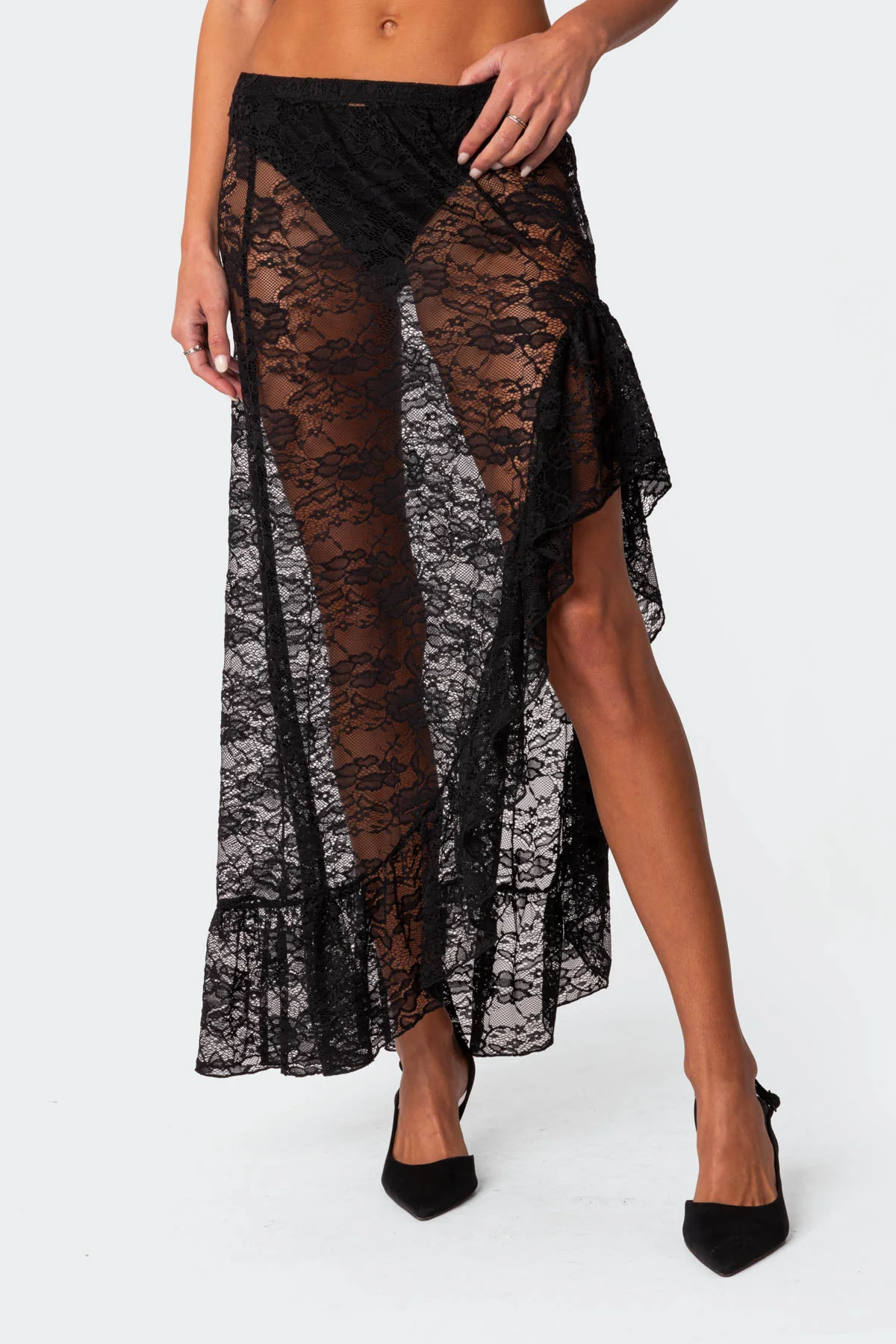 Asymmetric Ruffle Sheer Lace Maxi Skirt - Image 2