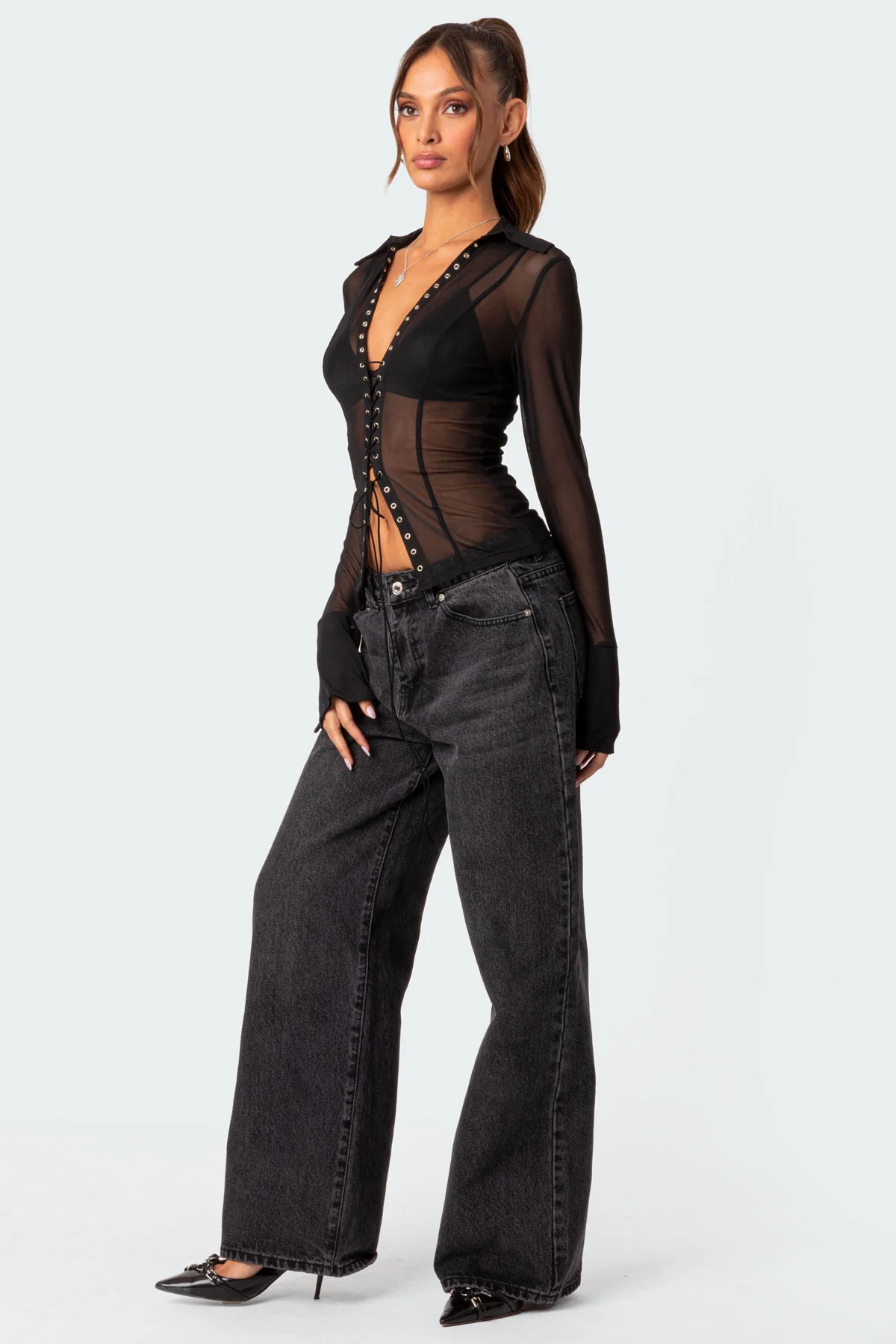 Lace Up Sheer Mesh Top - Image 4