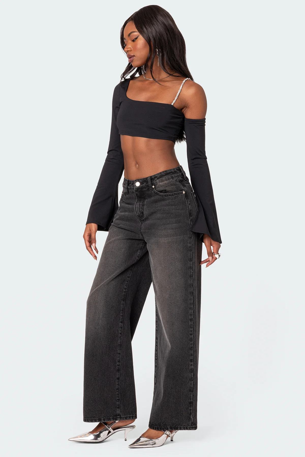 Rhinestone Strap Asymmetric Crop Top - Image 5