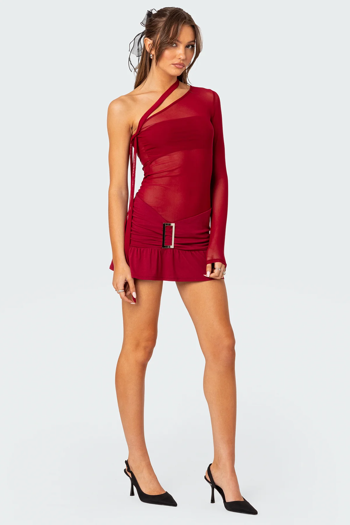 One Shoulder Sheer Mesh Mini Dress - Image 5