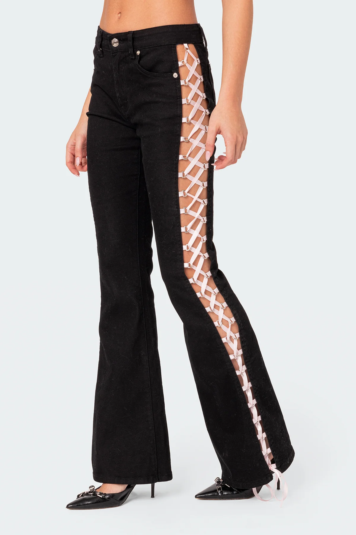 Laced Up Ribbon Mid Rise Flared Jeans - Image 3