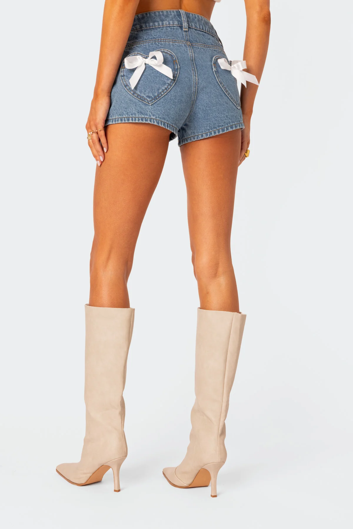Bow Pocket Washed Denim Shorts - Image 4