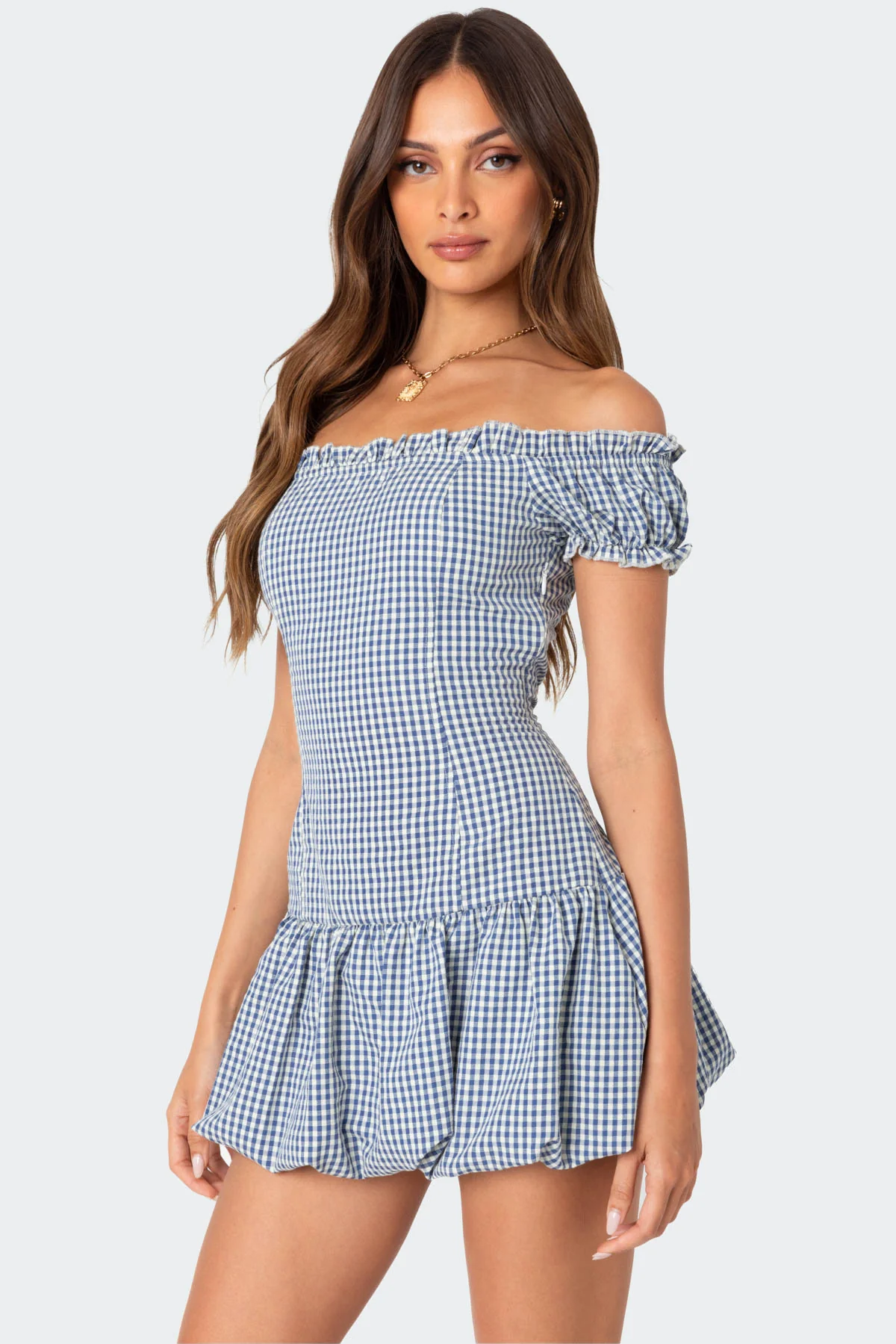 Gingham Off Shoulder Bubble Mini Dress - Image 2