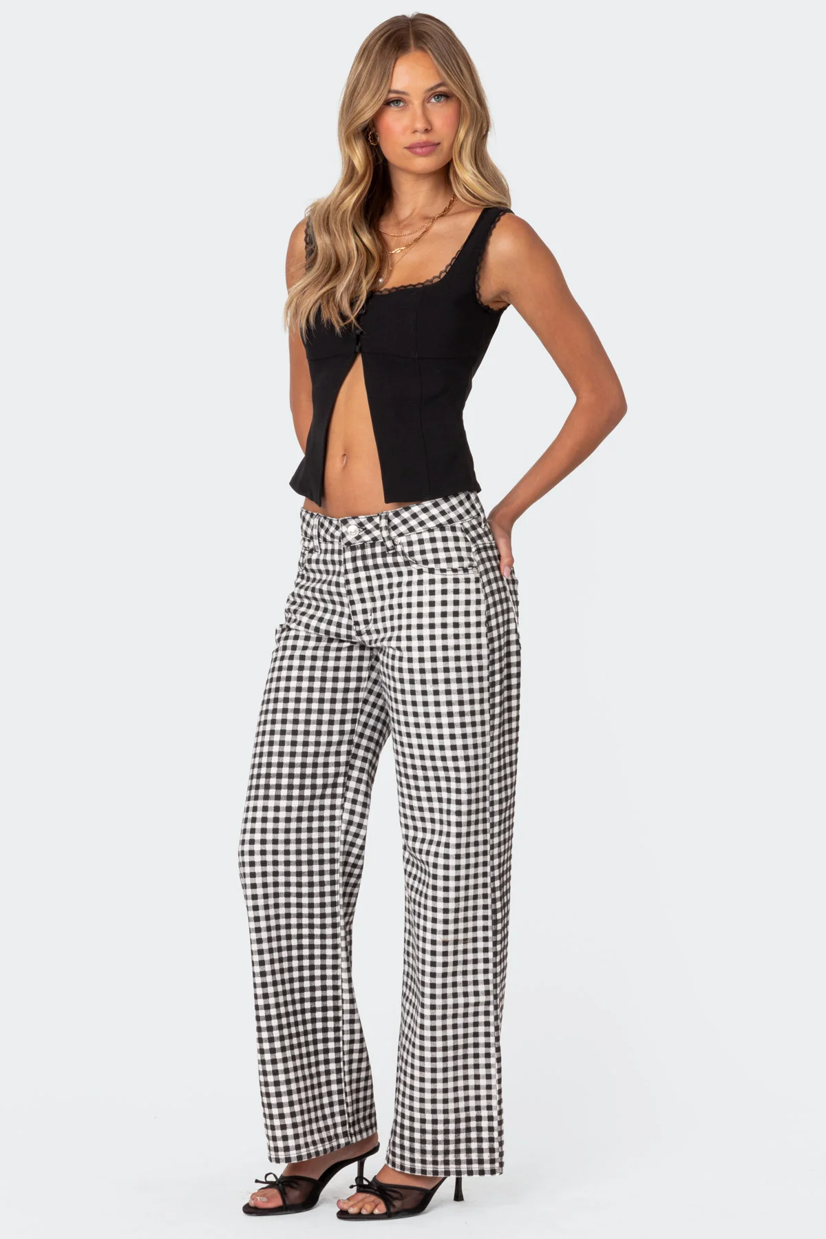 Gingham Printed Low Rise Jeans - Image 3
