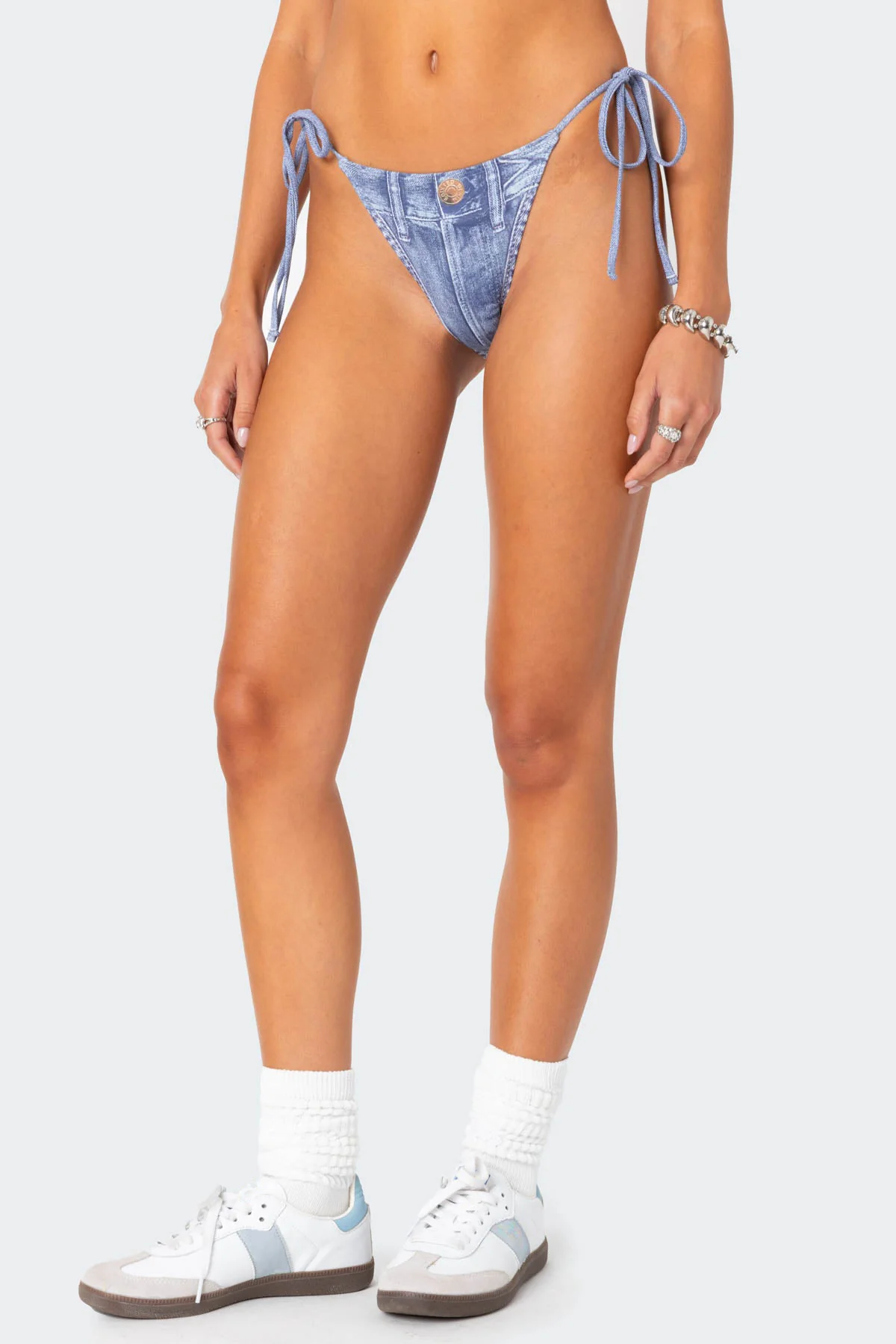 Denim Printed String Bikini Bottom - Image 4