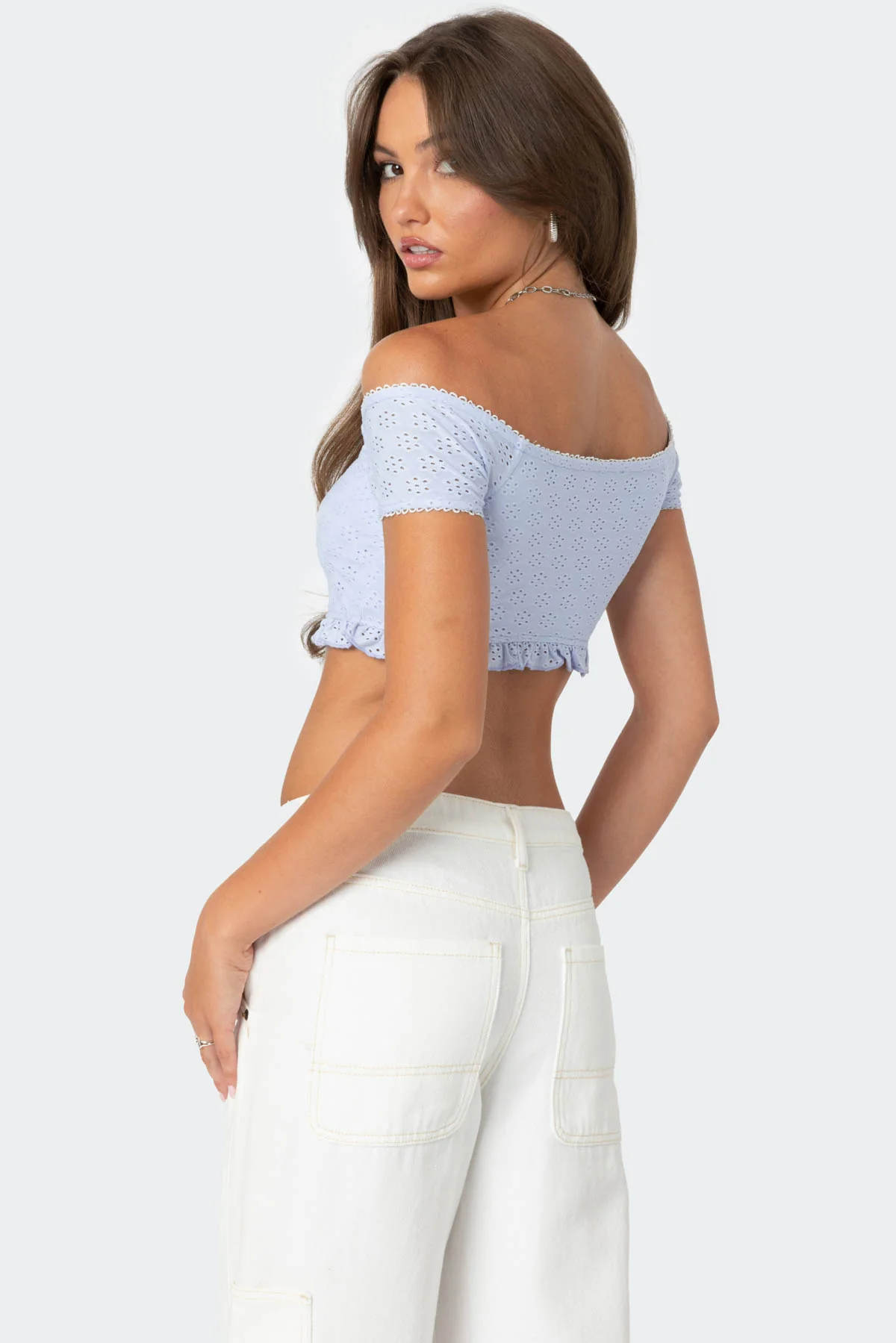 Off Shoulder Eyelet Crop Top - Image 5