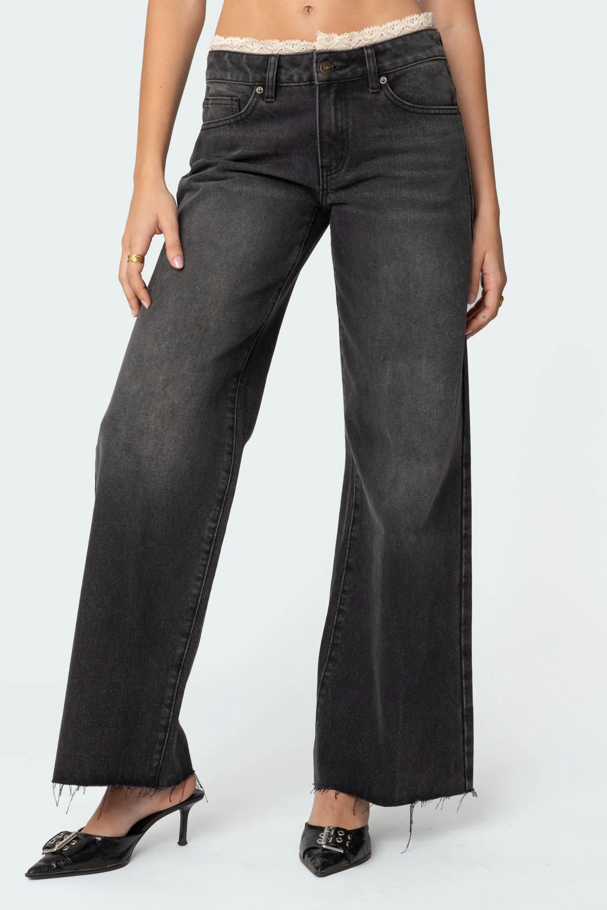 Karlie Peekaboo Lace Low Rise Baggy Jeans - Image 2