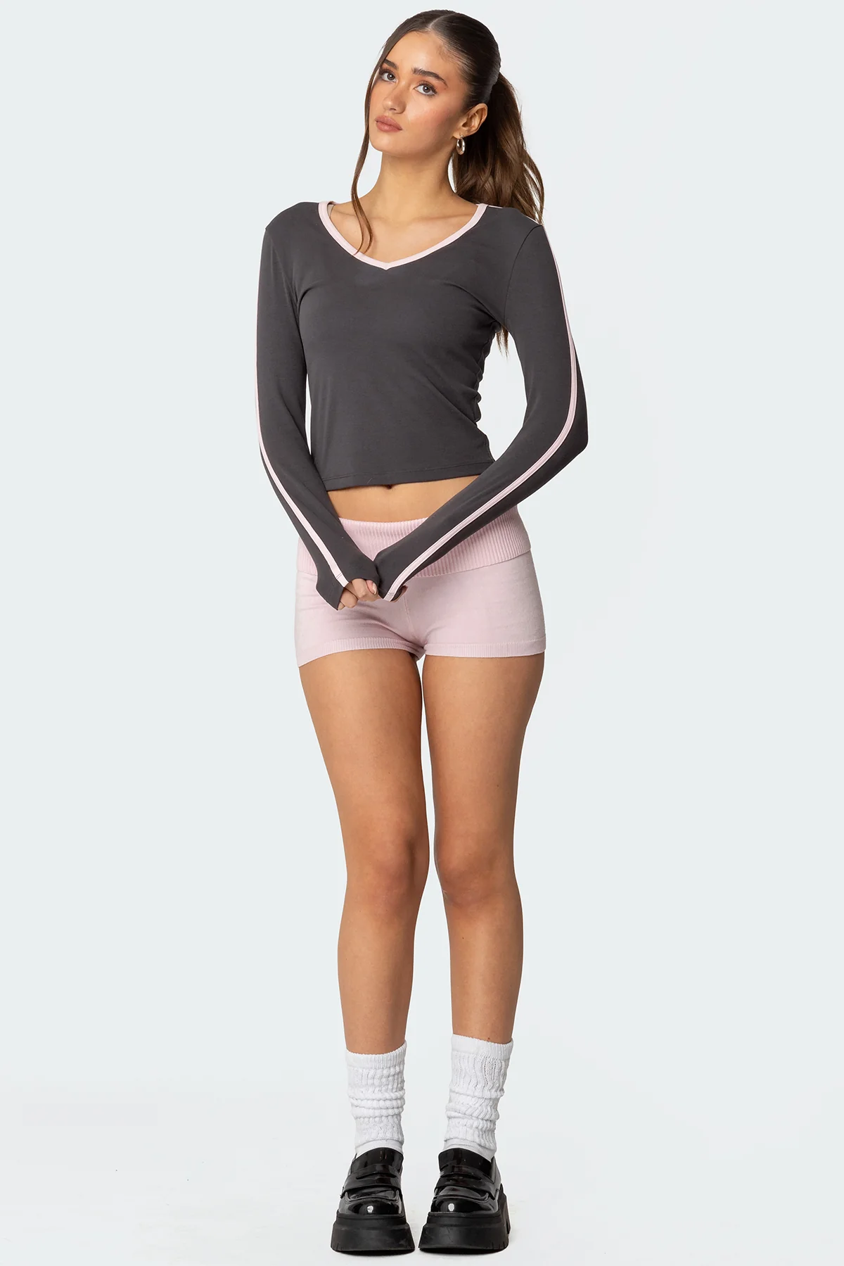 Contrast V Neck Long Sleeve T Shirt - Image 3