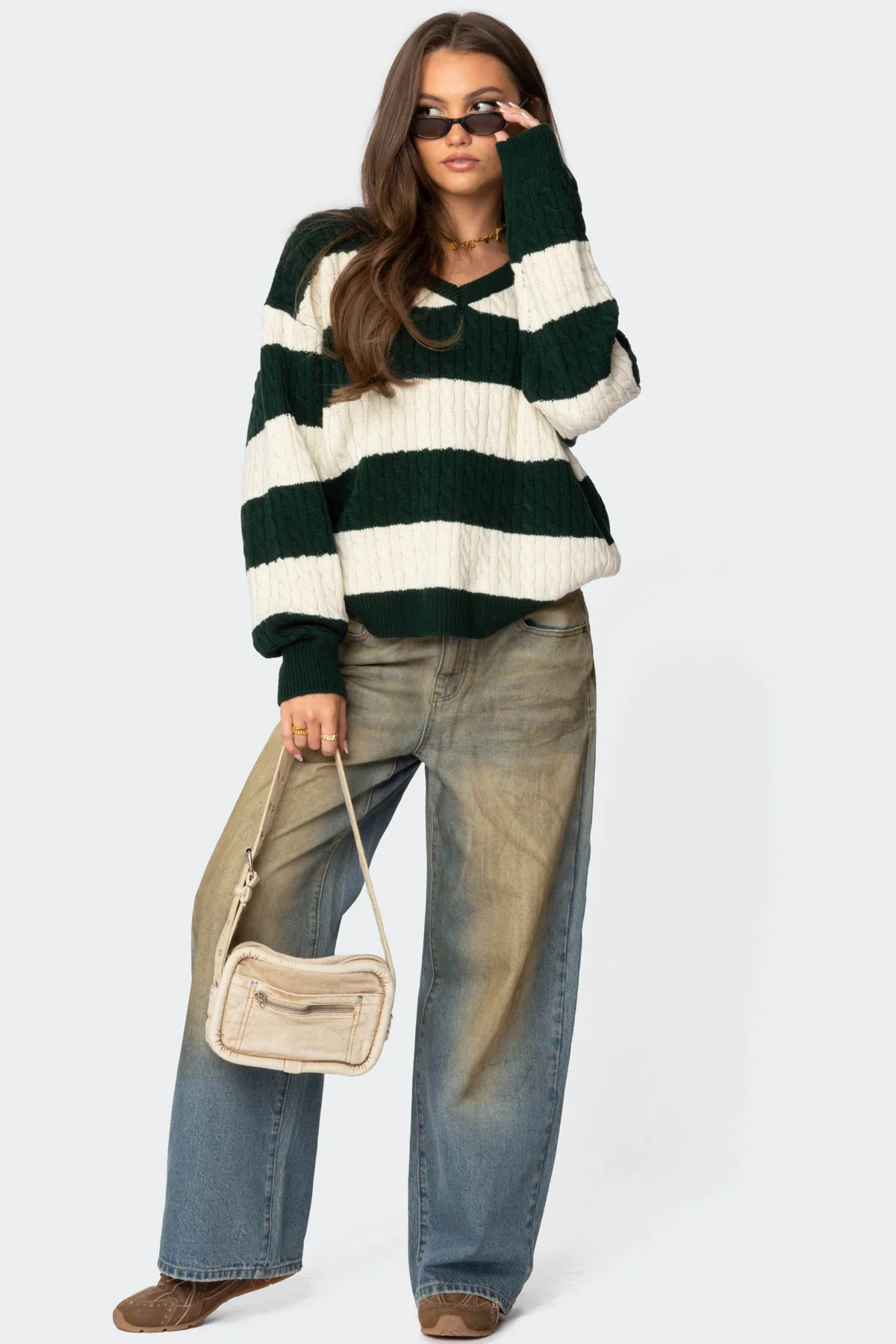 Oversized Striped Cable Knit Sweater - Image 2