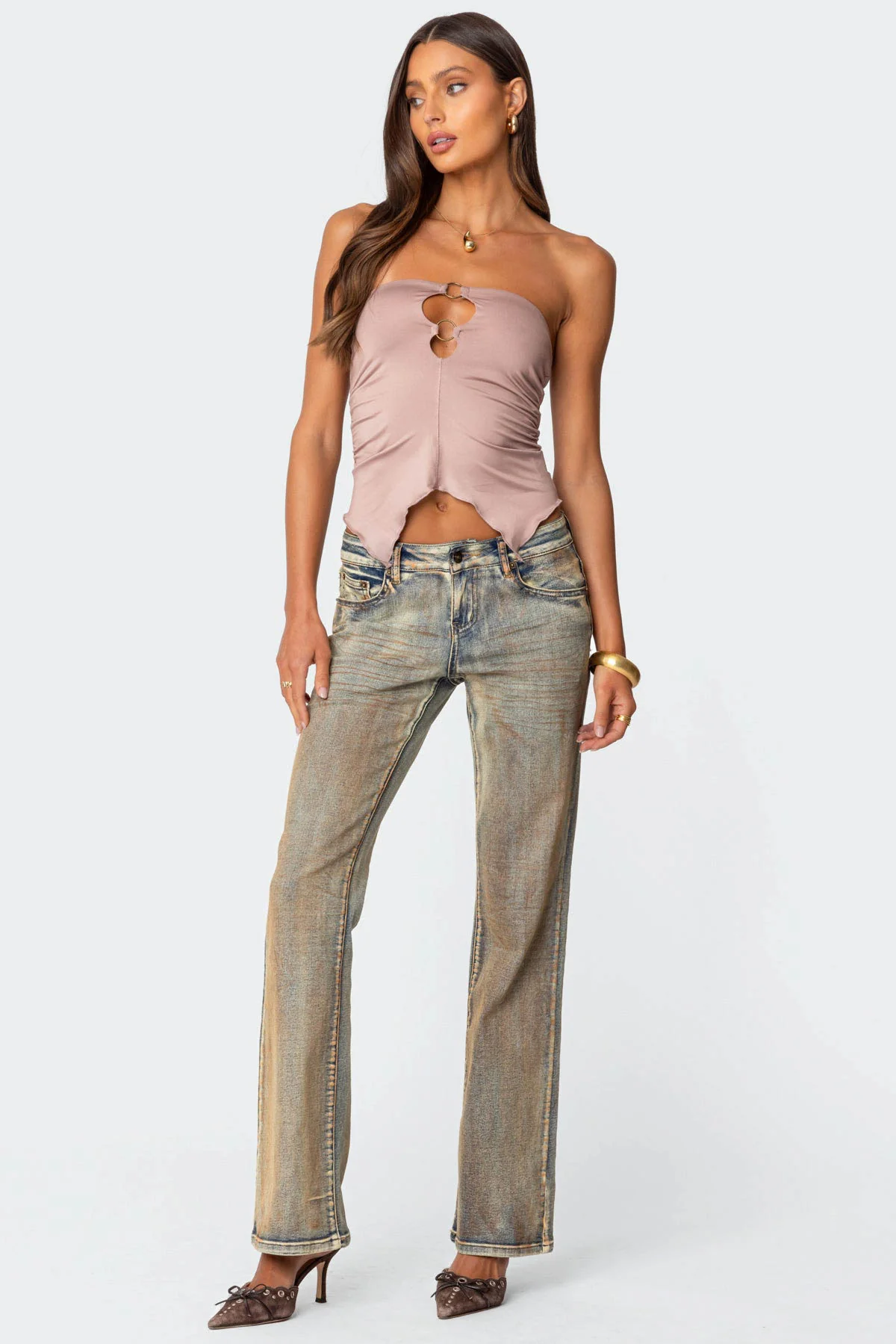 Ring Cut Out Asymmetric Strapless Top - Image 2