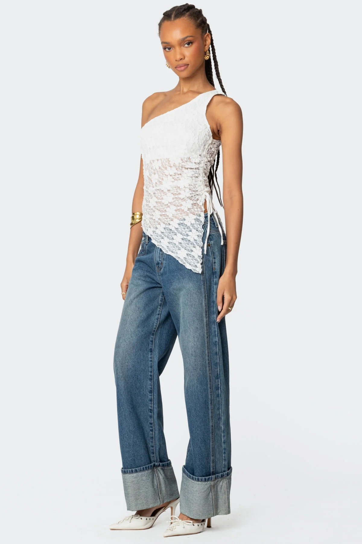 Lacey Sheer Asymmetric Drawstring Top - Image 3