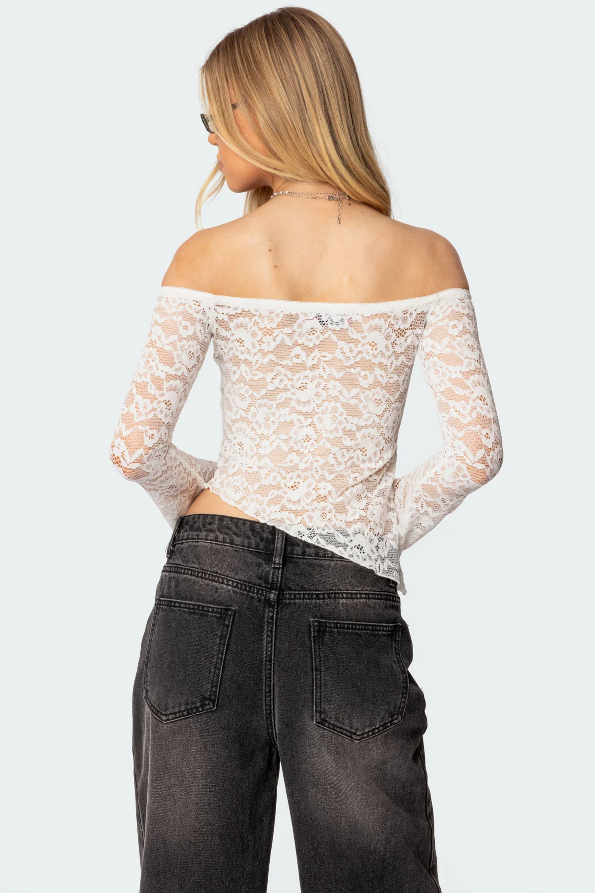 Asymmetric Sheer Lace Off Shoulder Top - Image 4