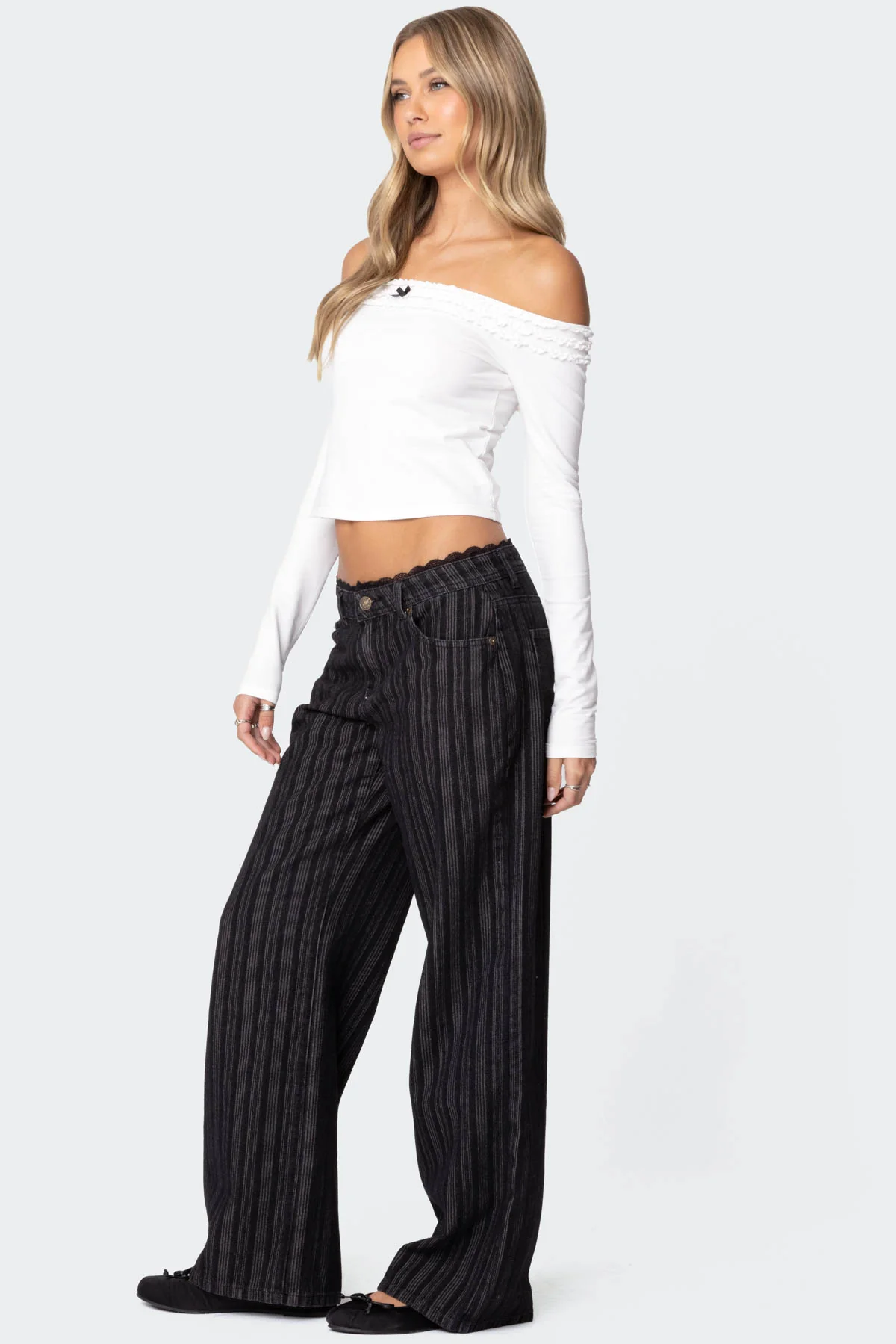 Lace Trim Striped Low Rise Baggy Jeans - Image 3