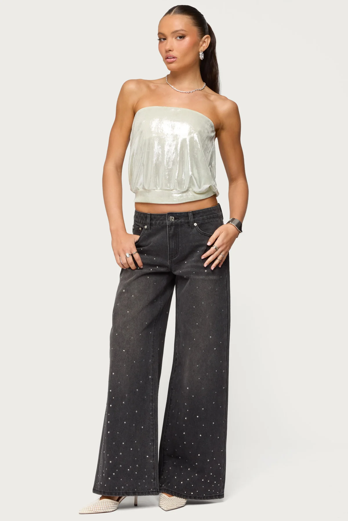 Rhinestone Washed Low Rise Baggy Jeans - Image 5
