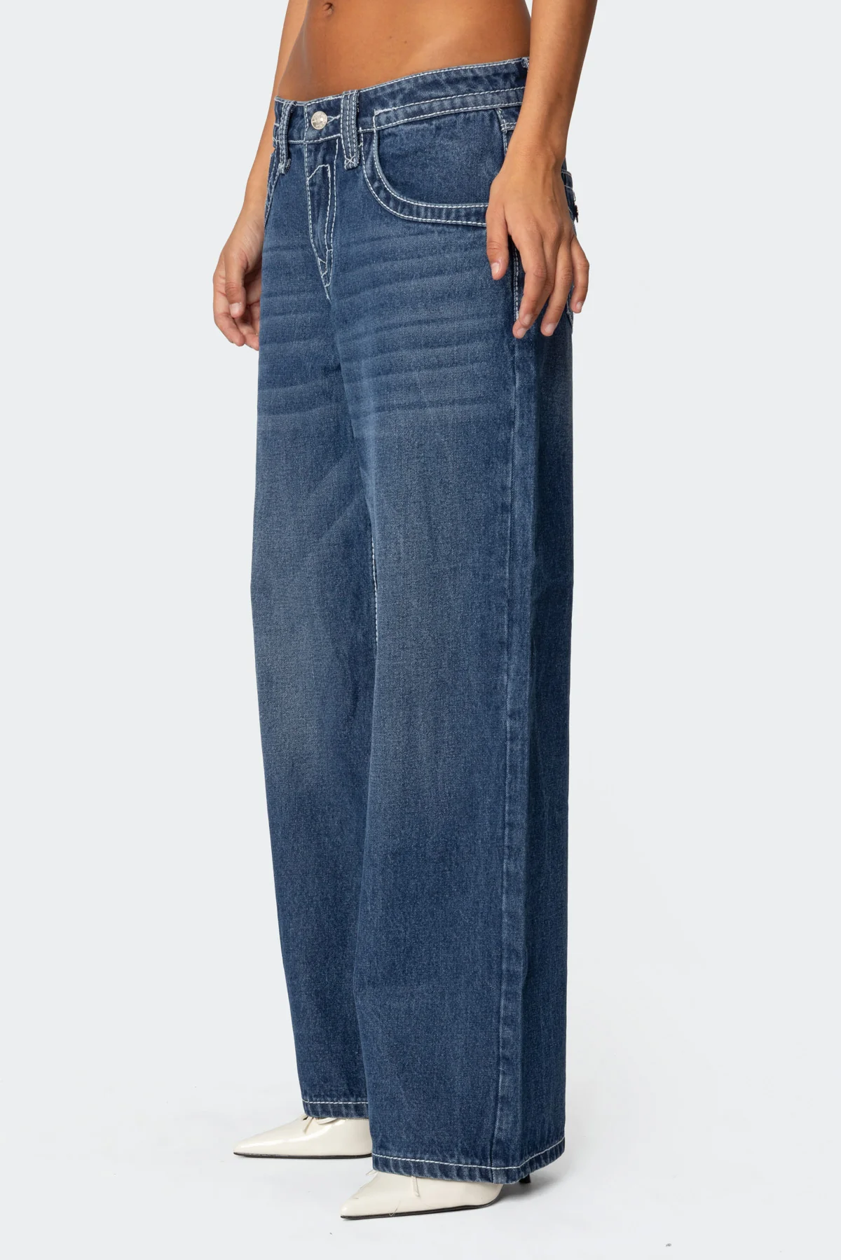 Contrast Stitch Low Rise Baggy Jeans - Image 3