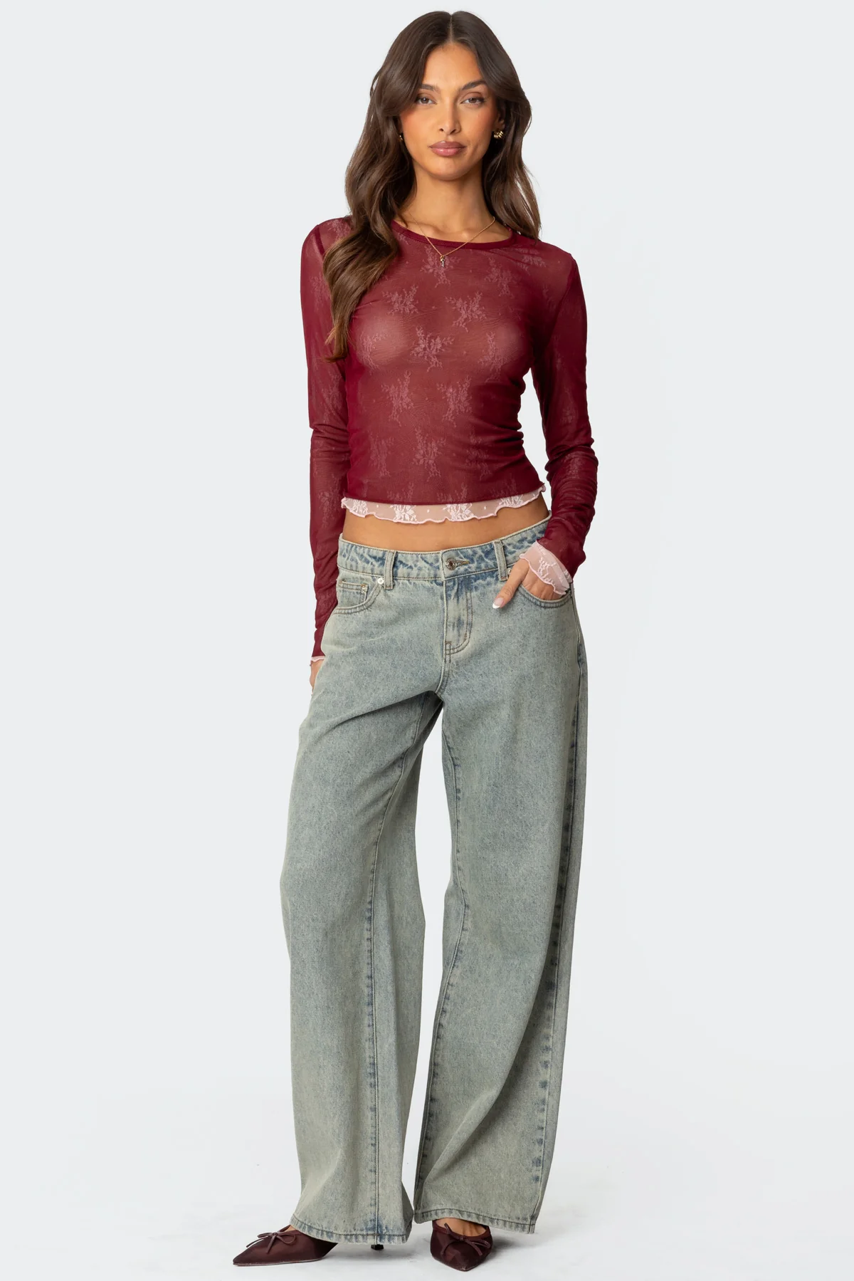 Lacey Sheer Mesh Crew Neck Top - Image 4