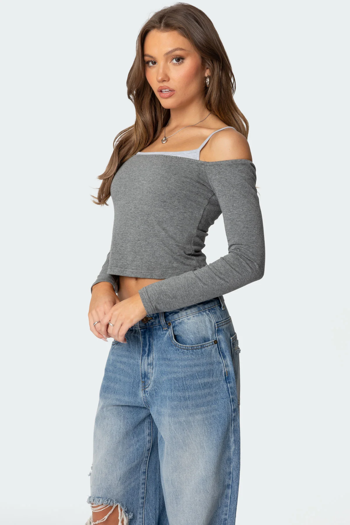 Off Shoulder Layered Long Sleeve T Shirt - Image 3