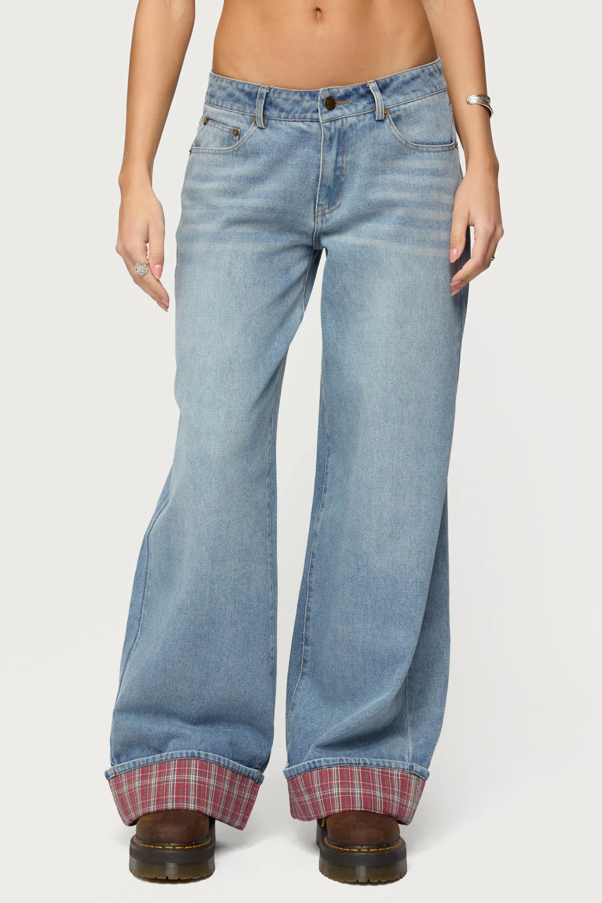 Plaid Cuffed Low Rise Baggy Jeans - Image 2