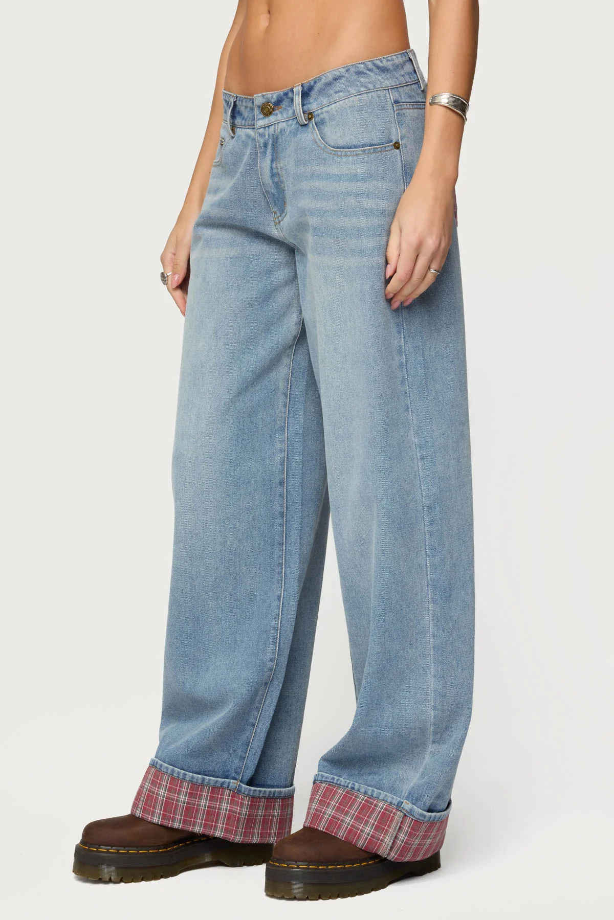 Plaid Cuffed Low Rise Baggy Jeans - Image 3