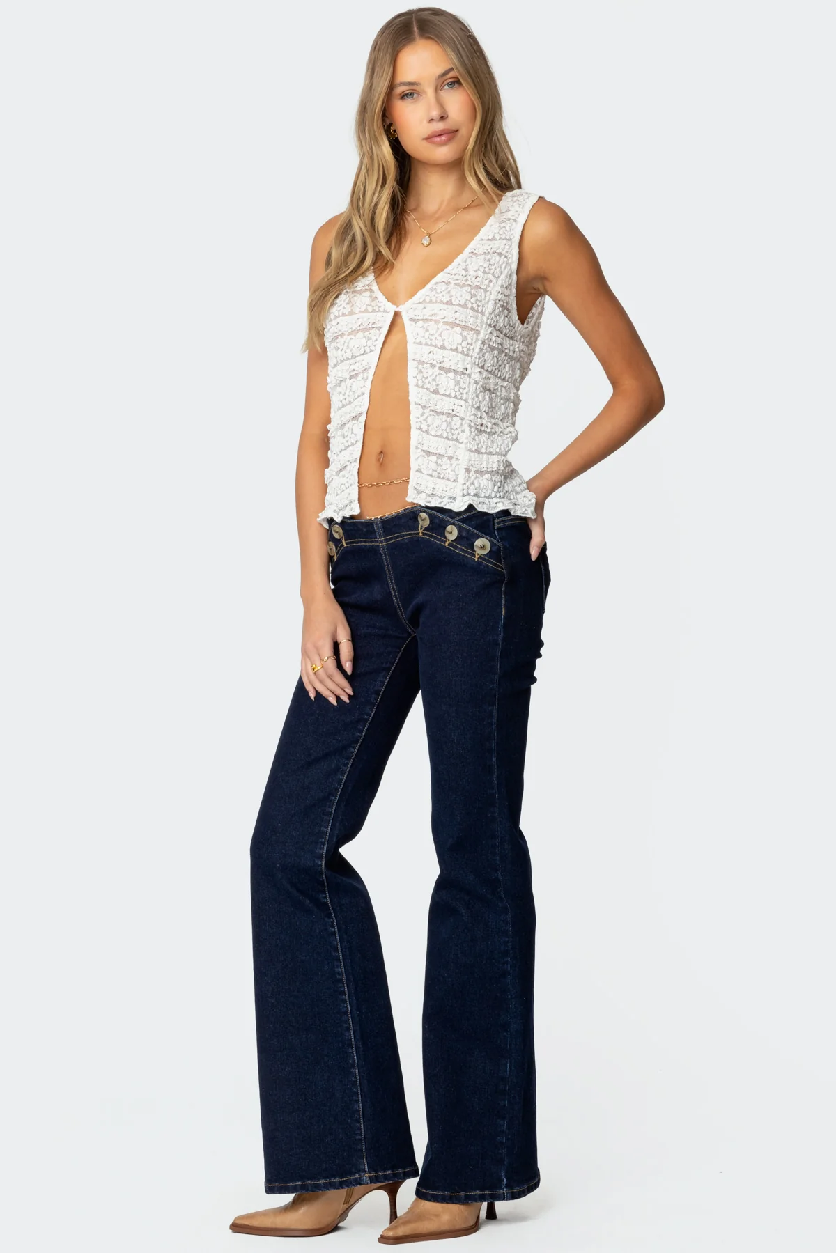 Evolet Sheer Lace Split Front Top - Image 4