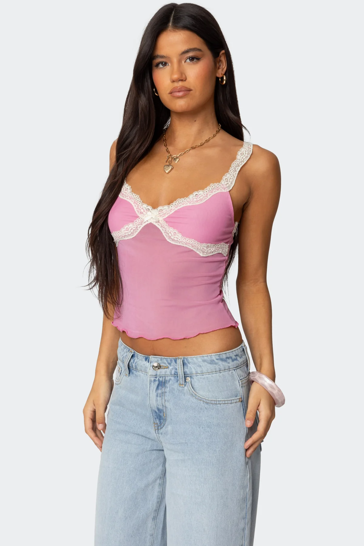 Contrast Lacey Mesh Tank Top - Image 3