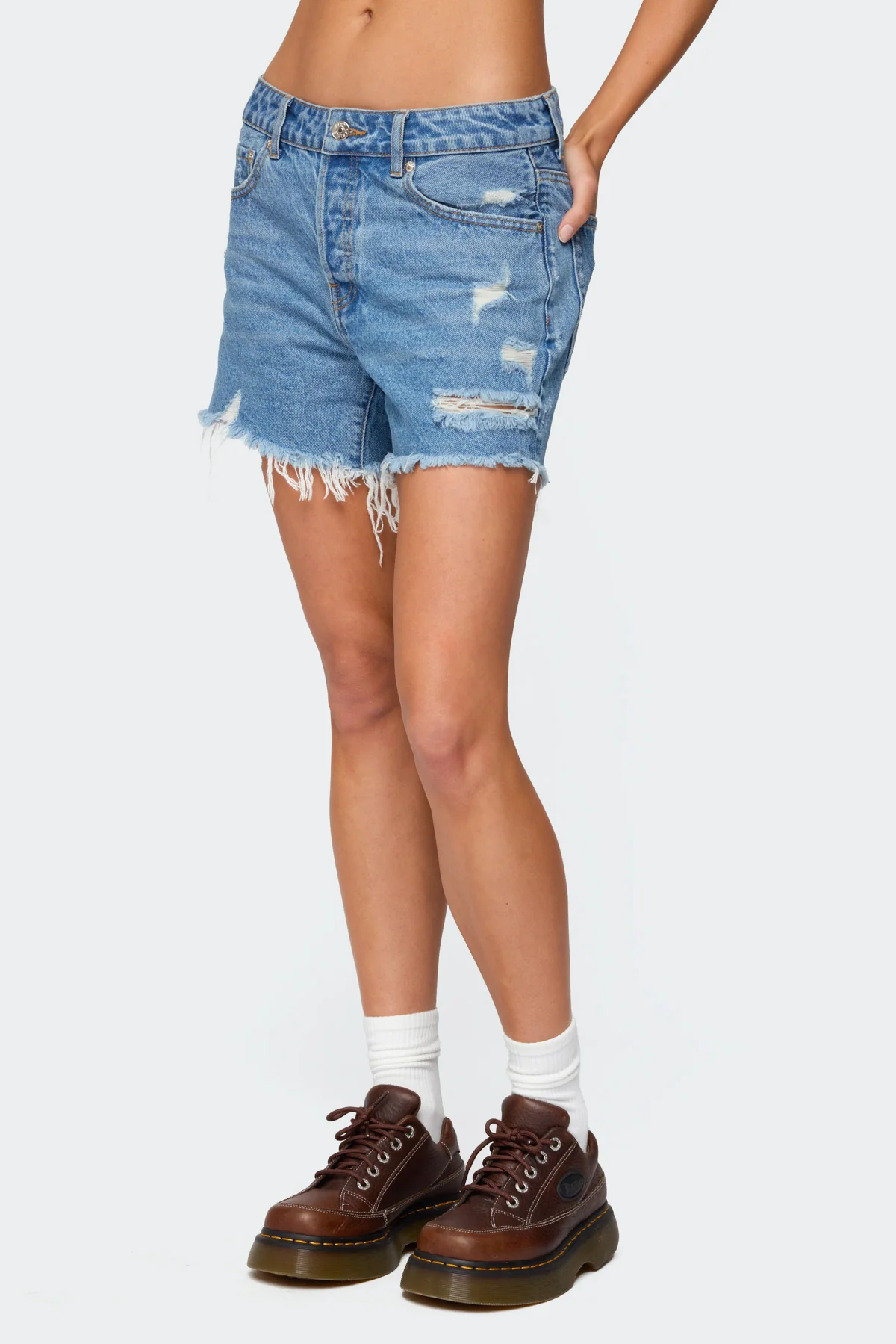 Cale Distressed Low Rise Denim Shorts - Image 4
