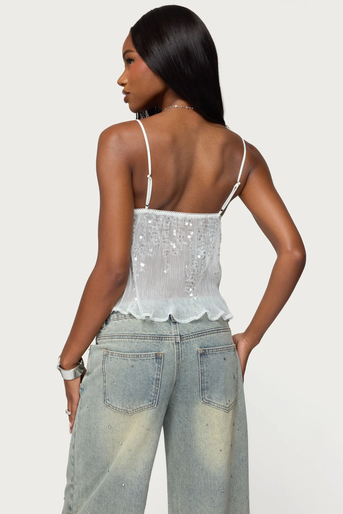 Sequin Sheer Mesh Babydoll Top - Image 4