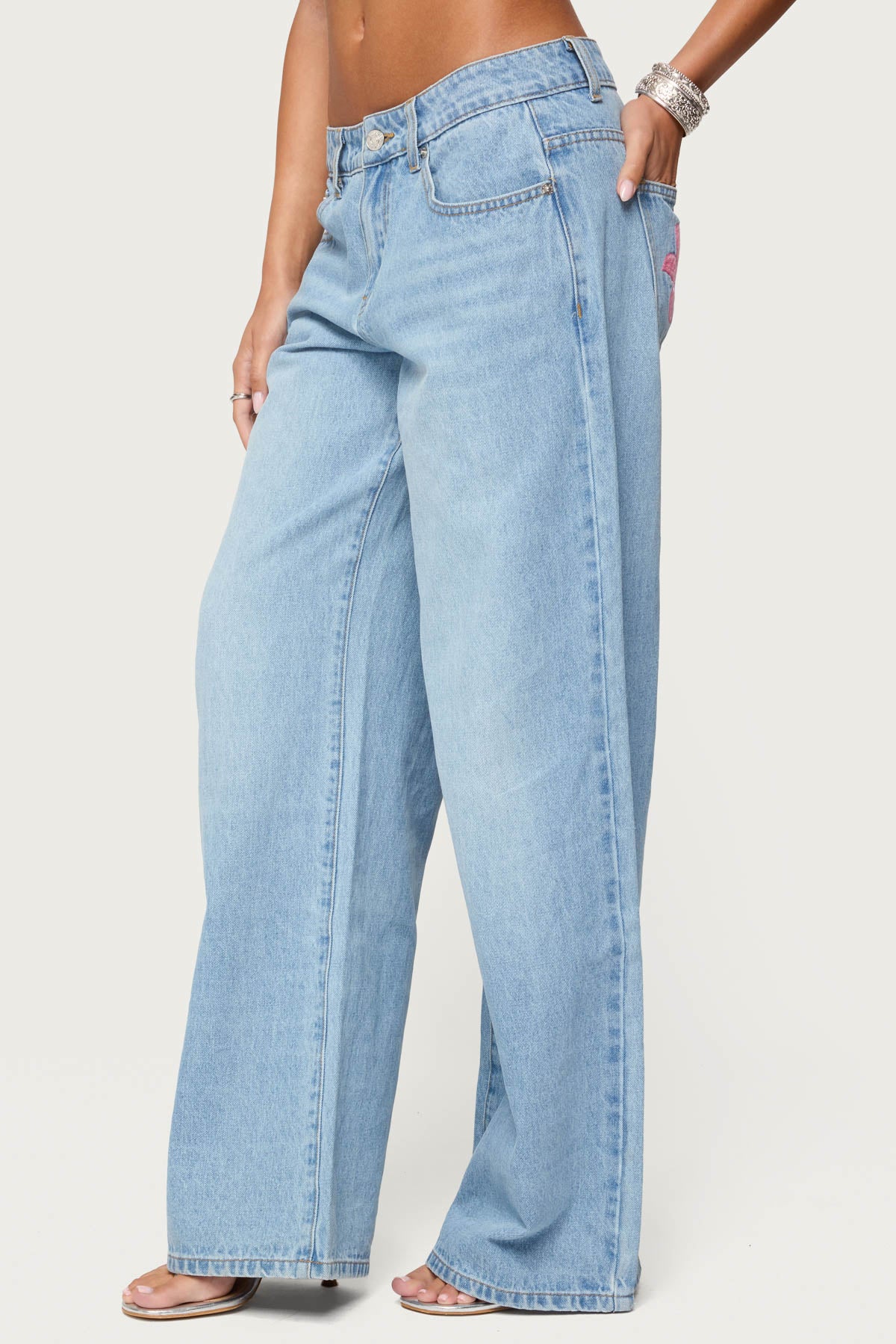 Mirra Embroidered Flower Low Rise Baggy Jeans - Image 3