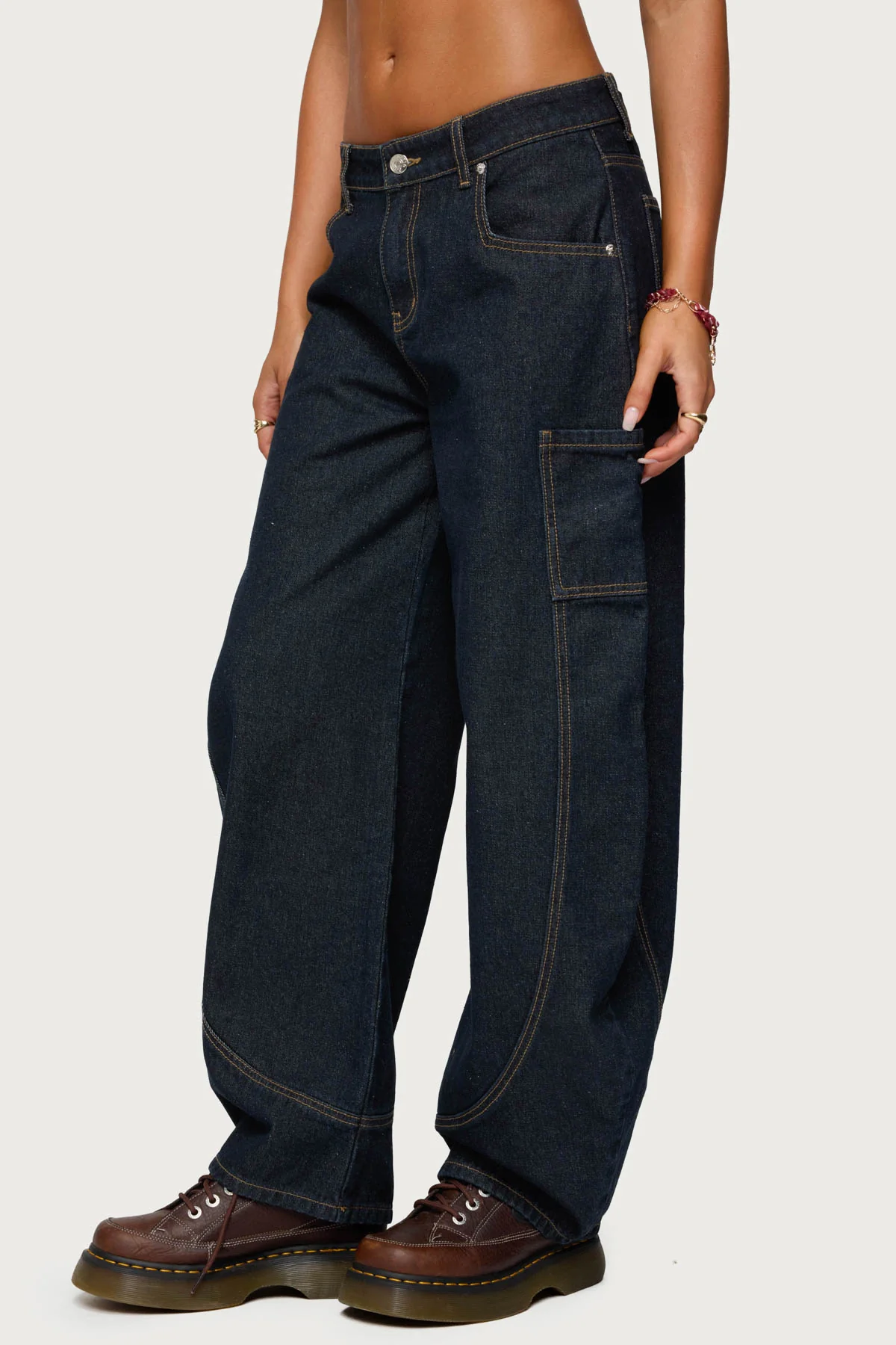Aden Contrast Stitch Low Rise Barrel Jeans - Image 4