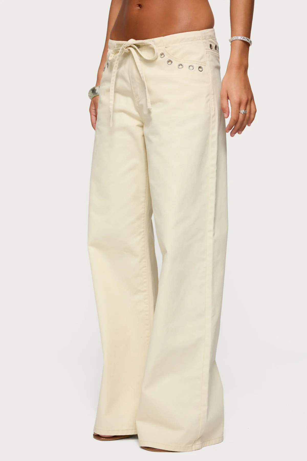 Grommet Tie Waist Low Rise Baggy Jeans - Image 3