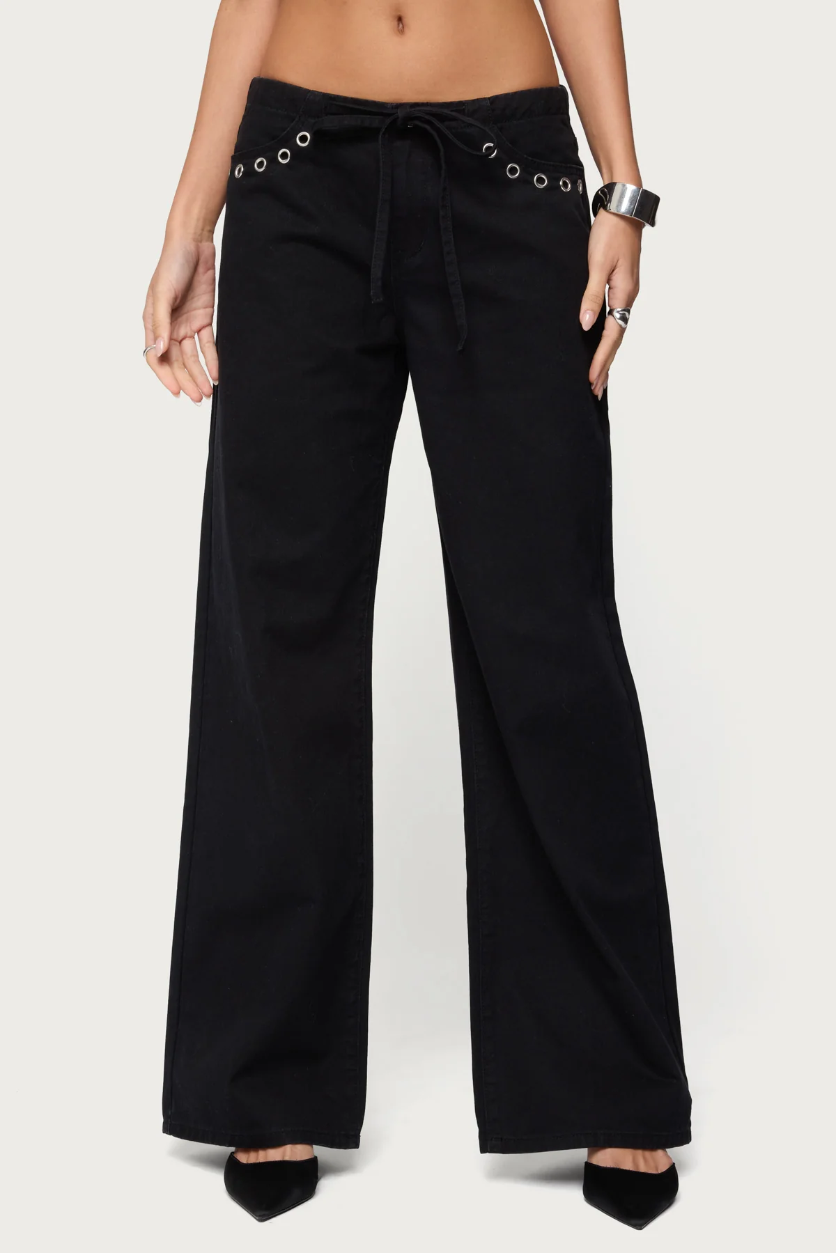 Grommet Tie Waist Low Rise Baggy Jeans - Image 2