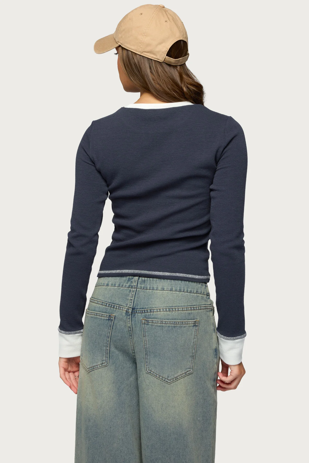 Rora Contrast Long Sleeve Waffle Top - Image 5
