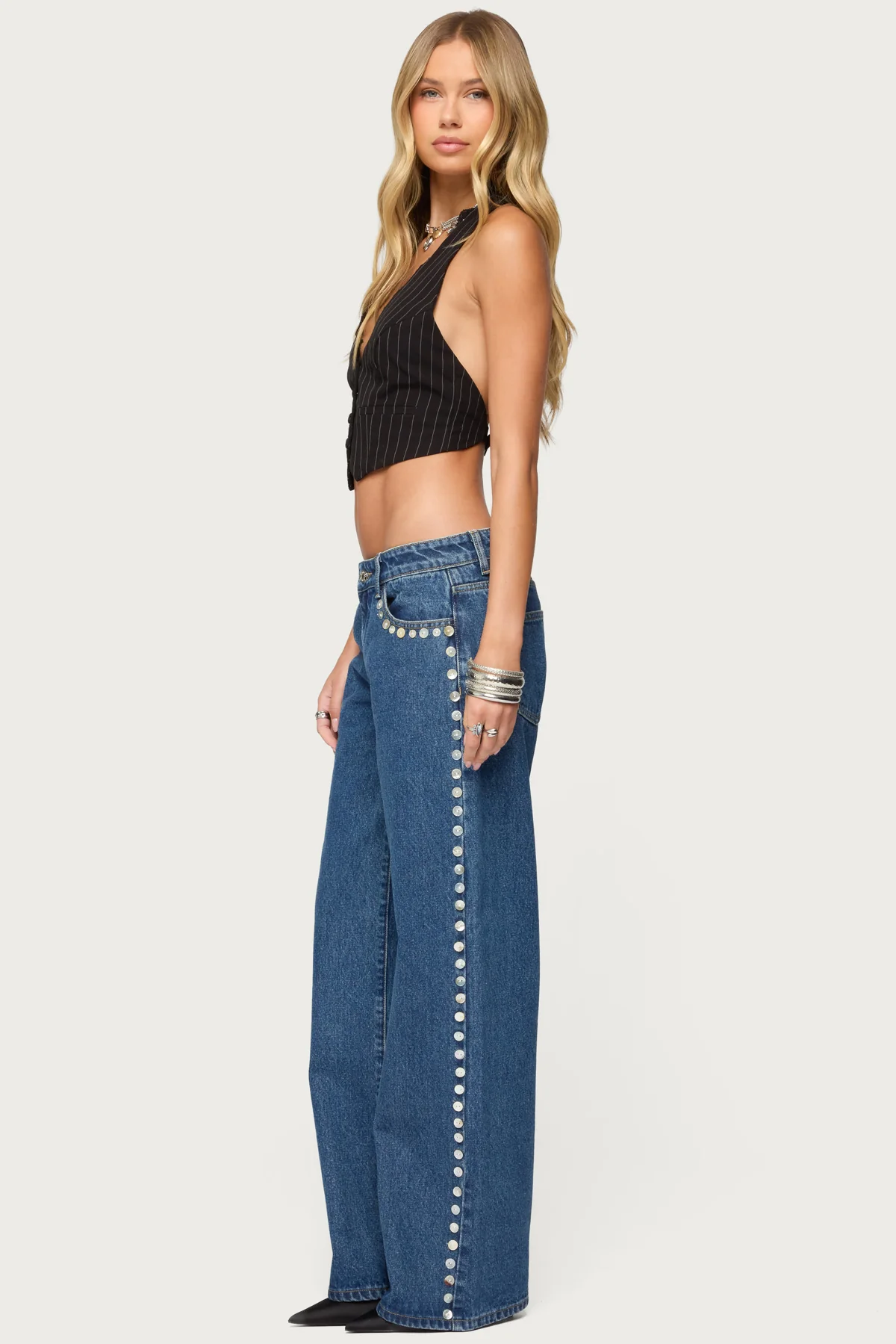 Iridescent Button Low Rise Baggy Jeans - Image 3
