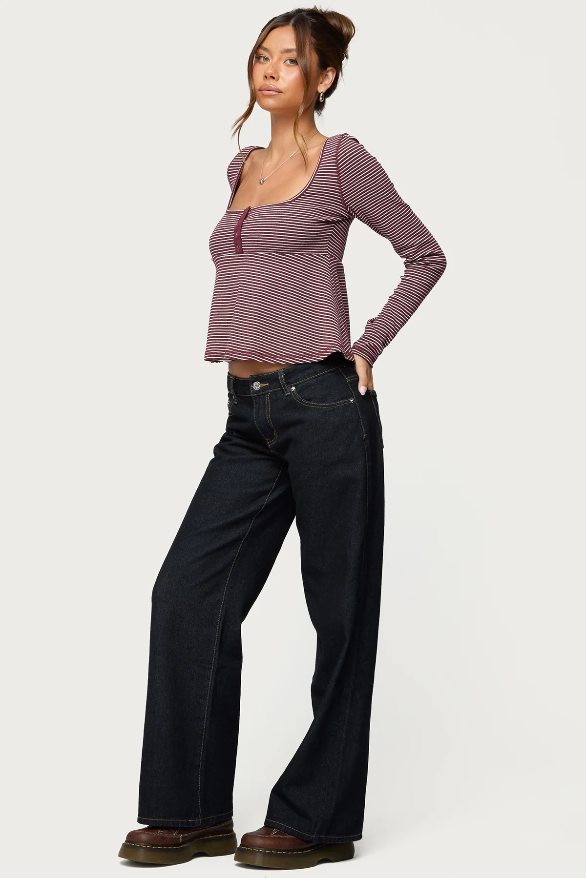 Sare Striped Babydoll Henley Top - Image 4