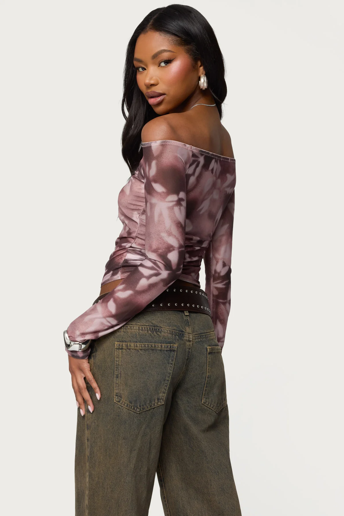 Off Shoulder Printed Sheer Mesh Top - Image 5