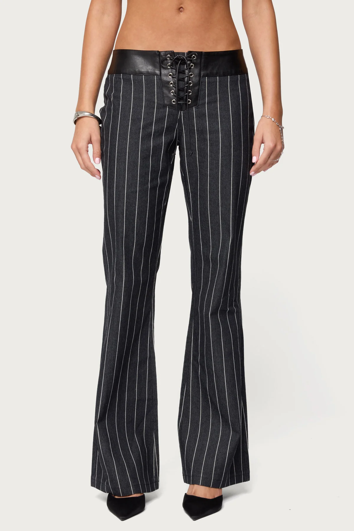 Pinstripe & Faux Leather Low Rise Flared Jeans - Image 3