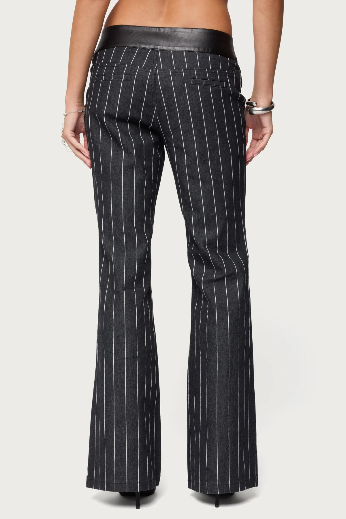 Pinstripe & Faux Leather Low Rise Flared Jeans - Image 6
