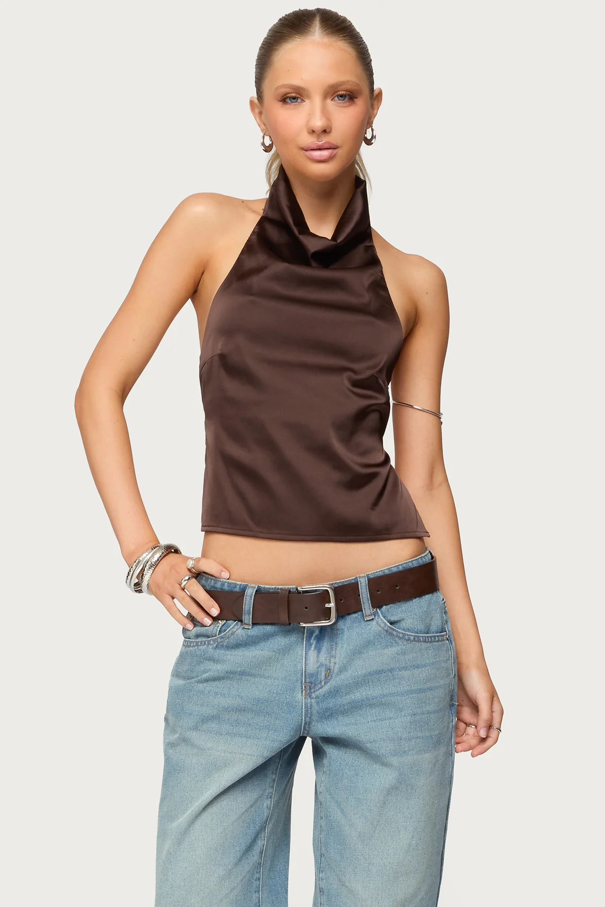Satin Effect Backless Cowl Neck Top - Image 2