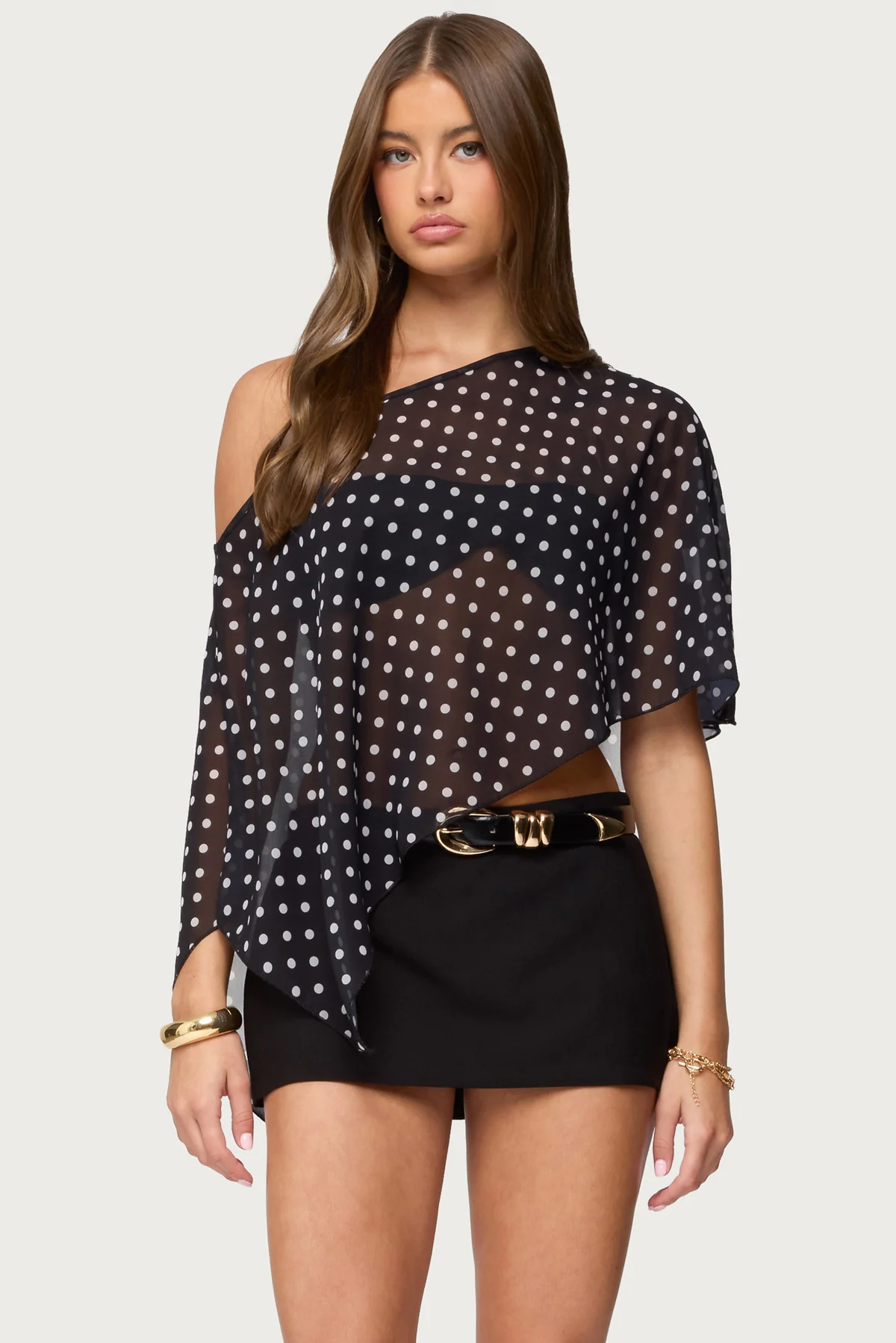 Sheer Chiffon Asymmetric Polka Dot Poncho - Image 2