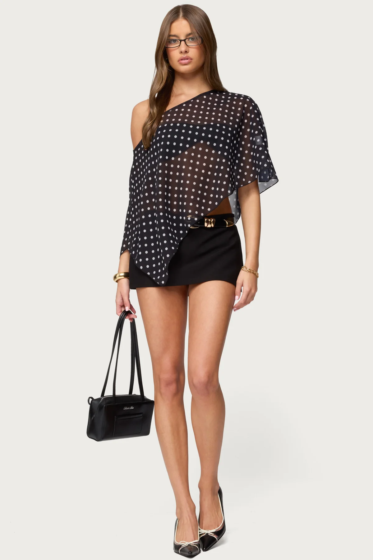 Sheer Chiffon Asymmetric Polka Dot Poncho - Image 3