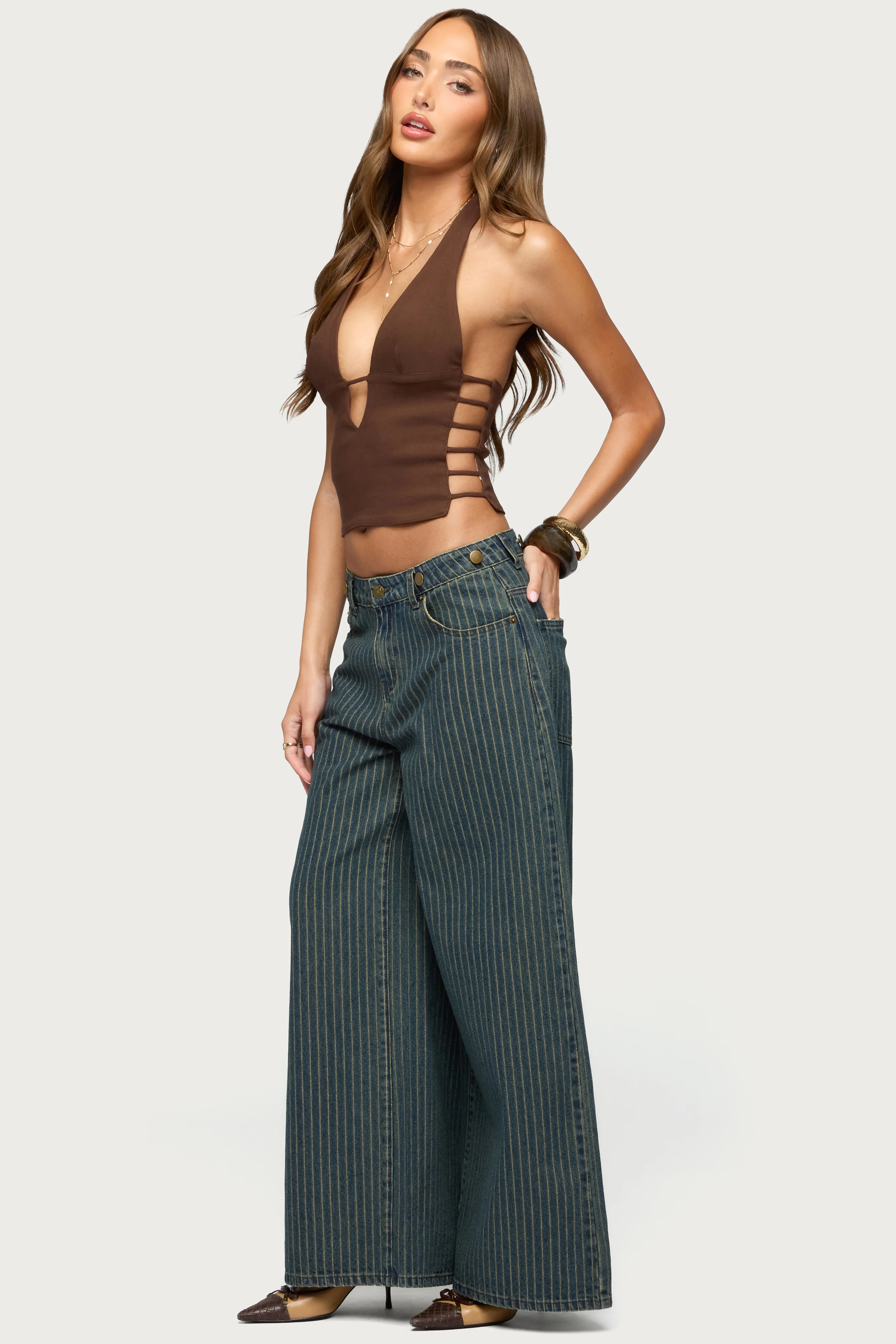 Button Pinstripe Low Rise Baggy Jeans - Image 5