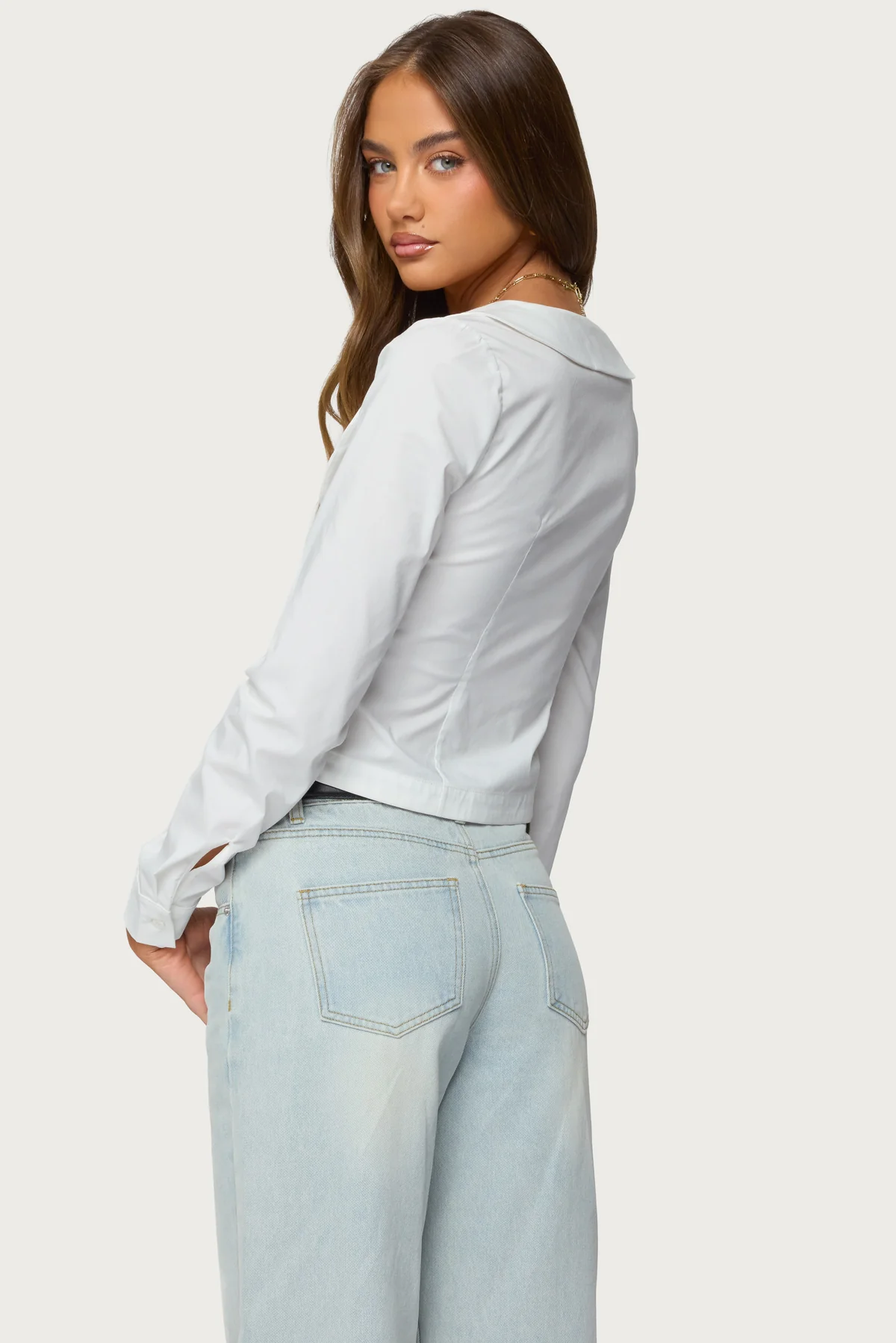 Scoop Neck Tailored Button Up Shirt - Image 3