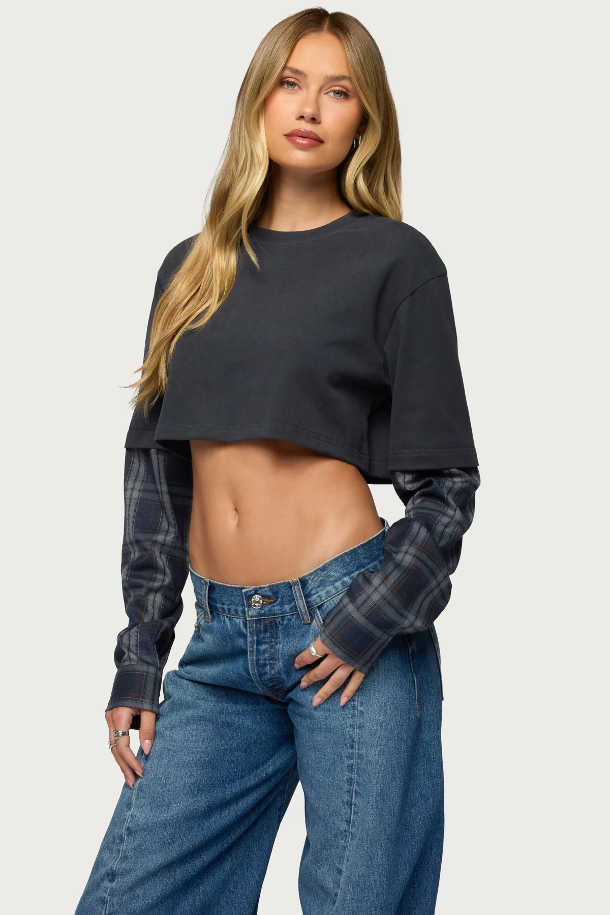 Plaid Sleeves Layered Crop Top - Image 3