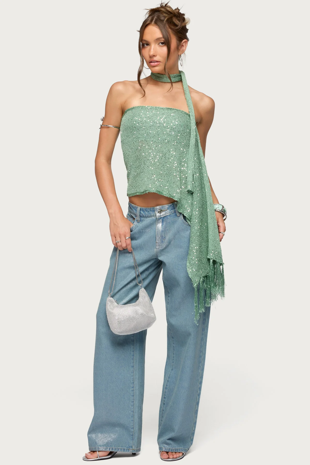 Two Piece Shiny Knit Scarf Top - Image 2
