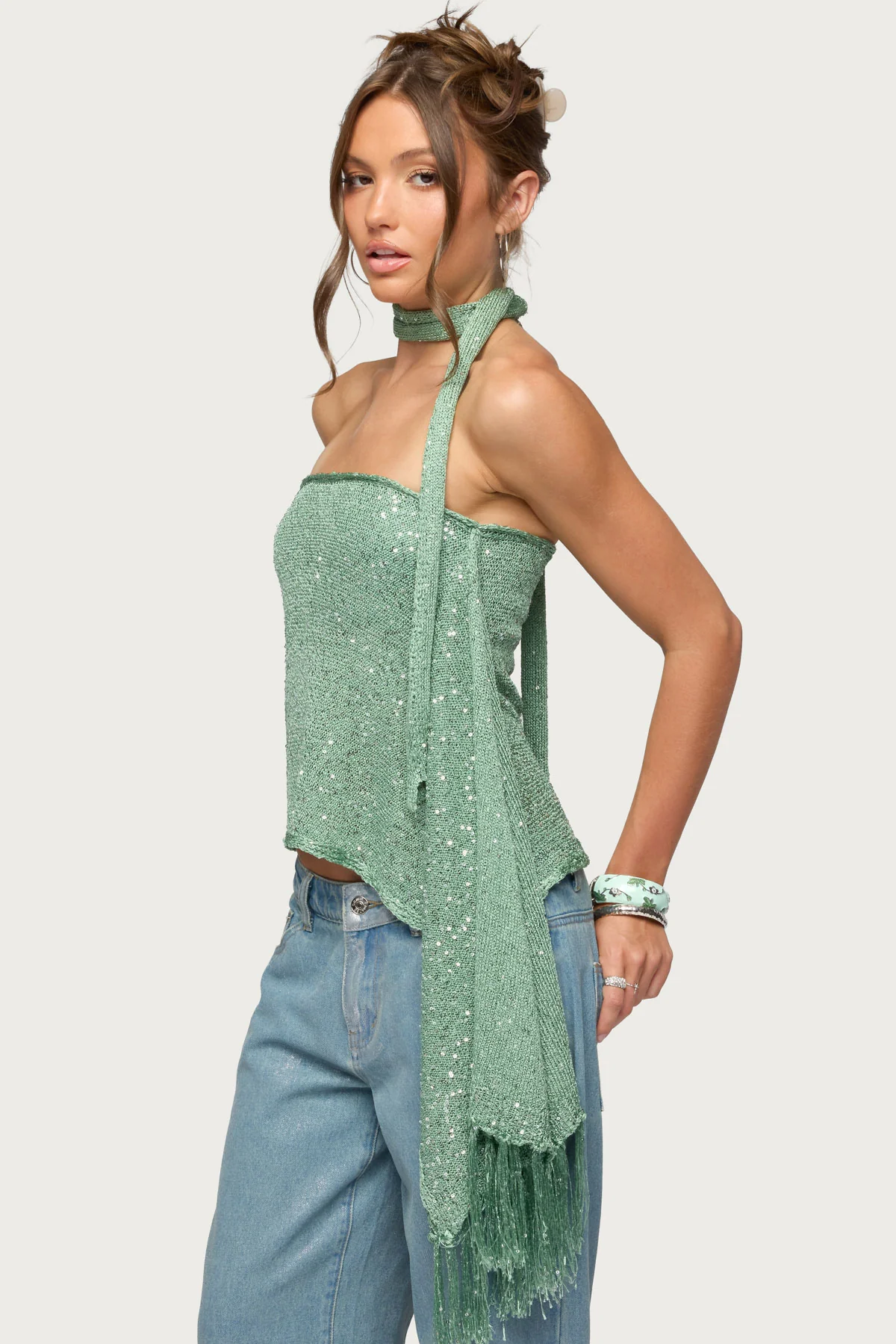 Two Piece Shiny Knit Scarf Top - Image 3