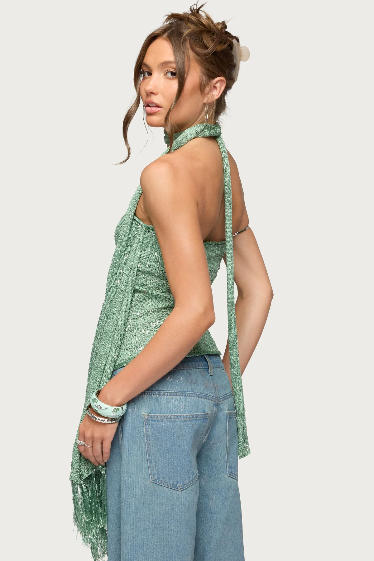 Two Piece Shiny Knit Scarf Top - Image 4