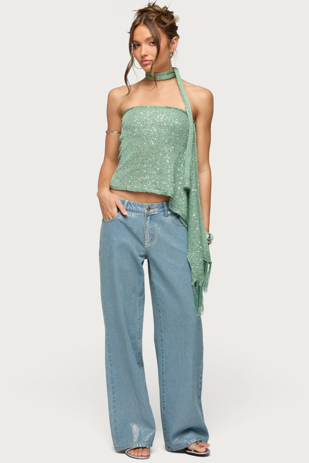 Two Piece Shiny Knit Scarf Top - Image 5